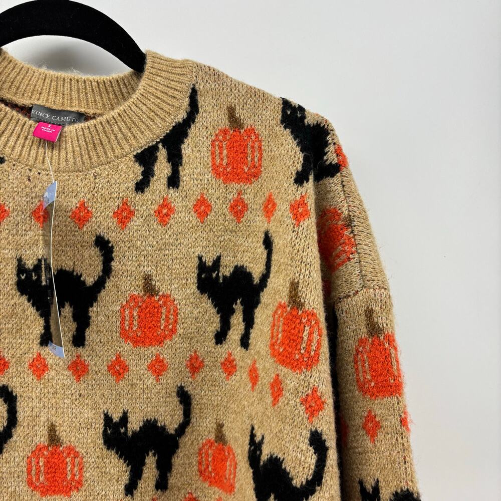 Vince Camuto Size Large Womens Sweater Black Cat Pumpkin Halloween Crewneck Fall - Picture 13 of 16